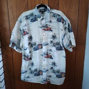Keeler Bay Men's Shirt - Size L - Retro Cars and Palm Trees - Short Sleeve